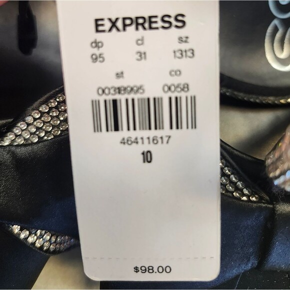 Express NWT Black Pointed Toe Rhinestone Bow Strappy Heels, Size 10 - Picture 4 of 6